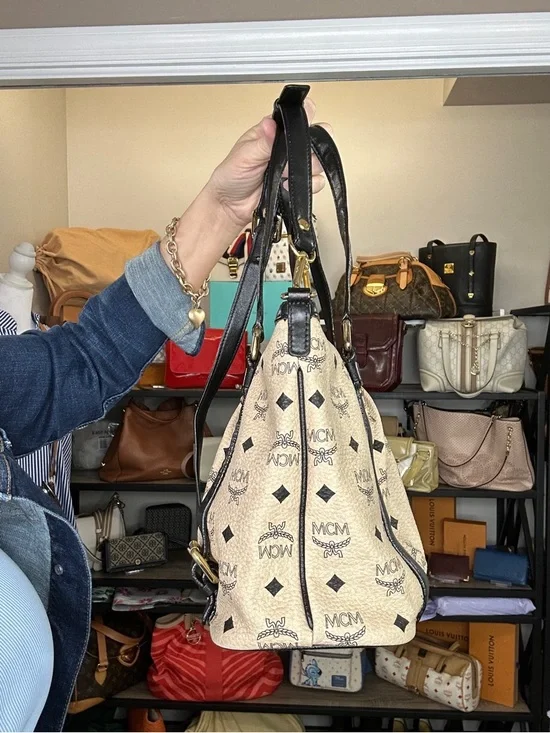 MCM Visetos Satchel Bag Cream Black Leather Trim Crossbody Medium Tote w/ COA - Picture 6 of 15